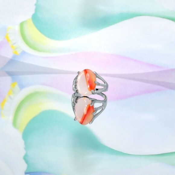 Cyleste Celine Oval Apricot Orange Agate Silver Ring Size 6 Gift Boxed - Picture 3 of 10